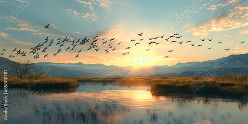 Fototapeta Naklejka Na Ścianę i Meble -  Silhouettes of birds flying over the lake sky in the evening sunset.
