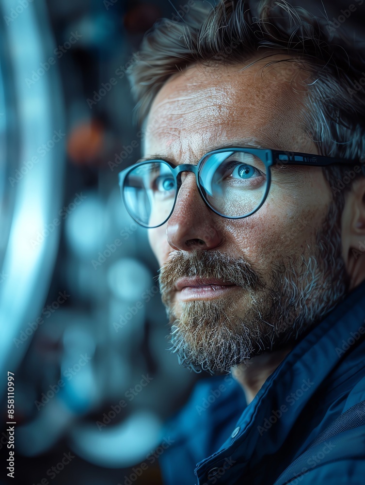 Pensive man with glasses and beard looking into the distance, surrounded by blurred industrial background, capturing deep thoughts and contemplation. Pensive man with glasses and beard looking into the distance, surrounded by blurred industrial background, capturing deep thoughts and contemplation.