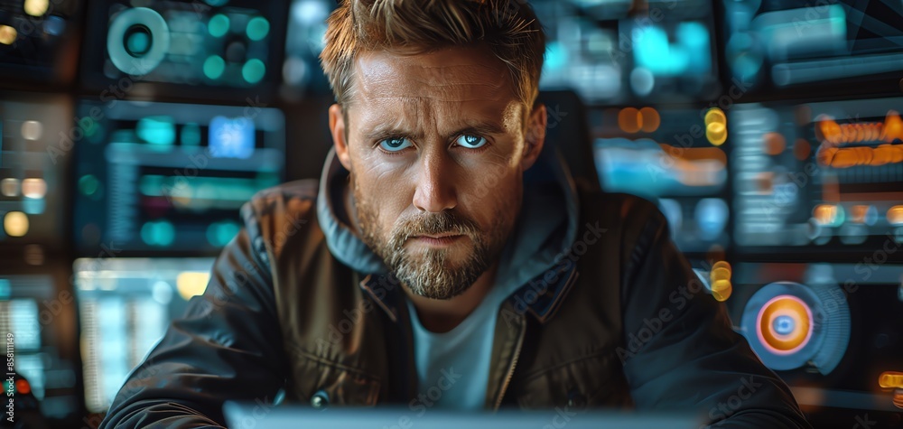 Serious man focused on computer screen in dark control room with multiple monitors displaying technical data and graphics. Serious man focused on computer screen in dark control room with multiple monitors displaying technical data and graphics.