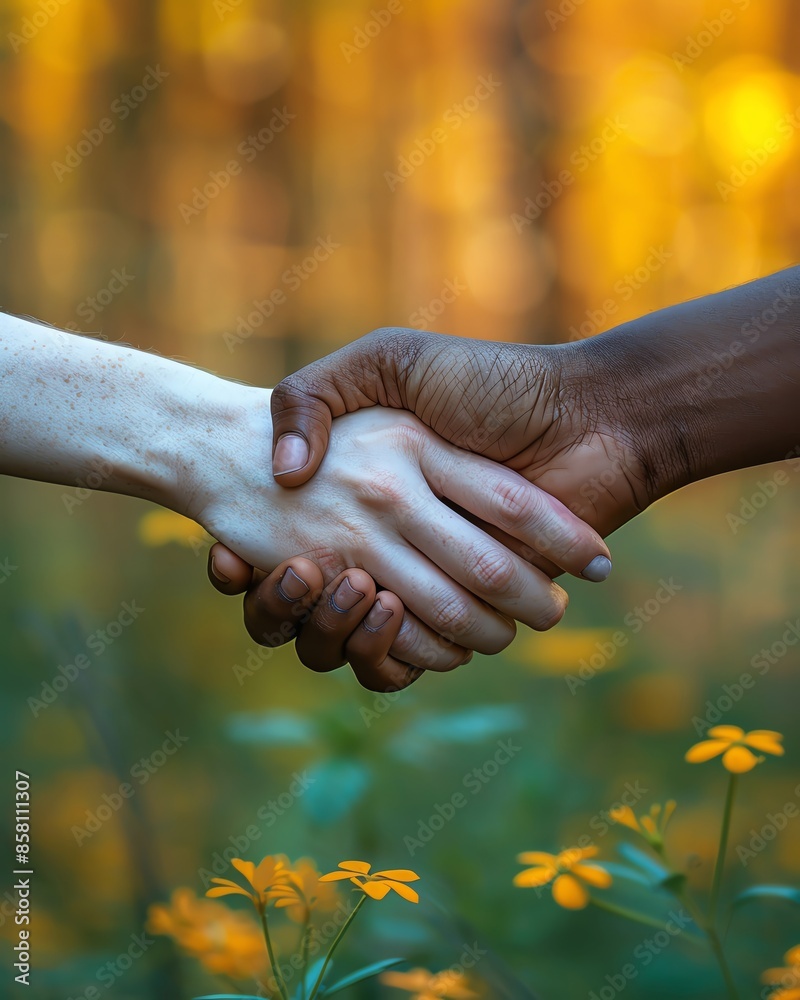 Two hands of different skin tones shaking hands in a field with yellow flowers, symbolizing unity and friendship. Two hands of different skin tones shaking hands in a field with yellow flowers, symbolizing unity and friendship.