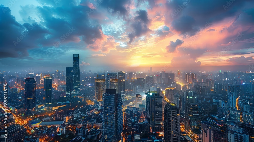 Obraz premium Urban skyline with towering skyscrapers and a bustling city below, captured at dusk