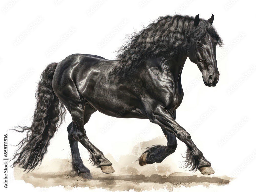 A majestic Friesian horse stands proudly, its glossy black coat shimmering against the white background. The flowing mane and tail enhance its striking elegance and beauty. A majestic Friesian horse stands proudly, its glossy black coat shimmering against the white background. The flowing mane and tail enhance its striking elegance and beauty.