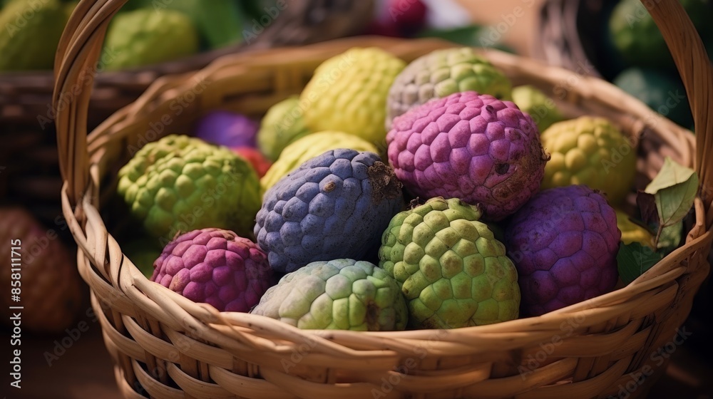 Fototapeta premium Colorful custard apples arranged in basket.