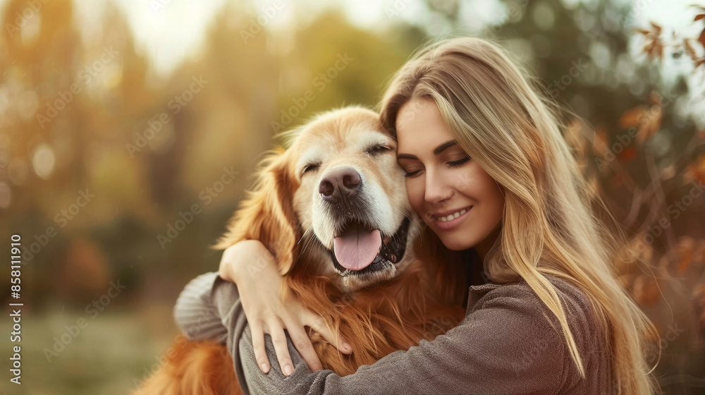 Lovely Young Lady with Long Blonde Hair Cuddling Golden Retriever in Autumn Setting Lovely Young Lady with Long Blonde Hair Cuddling Golden Retriever in Autumn Setting