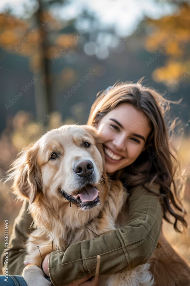 Lovely Young Lady with Long Hair Cuddling Golden Retriever in Autumn Setting Lovely Young Lady with Long Hair Cuddling Golden Retriever in Autumn Setting