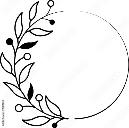Round floral frame isolated on white background. Border with leaves, wreaths, flower elements. Hand drawn sketch pencil style.