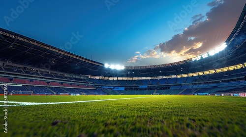 A well-lit football stadium during dusk, showcasing an expansive field ready for the match, with a sky transitioning from day to evening, evoking a sense of anticipation.