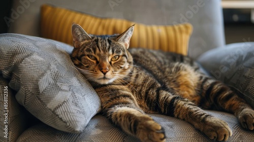 A tabby cat lounges on a grey armchair, laying against a pillow with a calm and composed expression. The scene captures a moment of feline relaxation and ease. photo