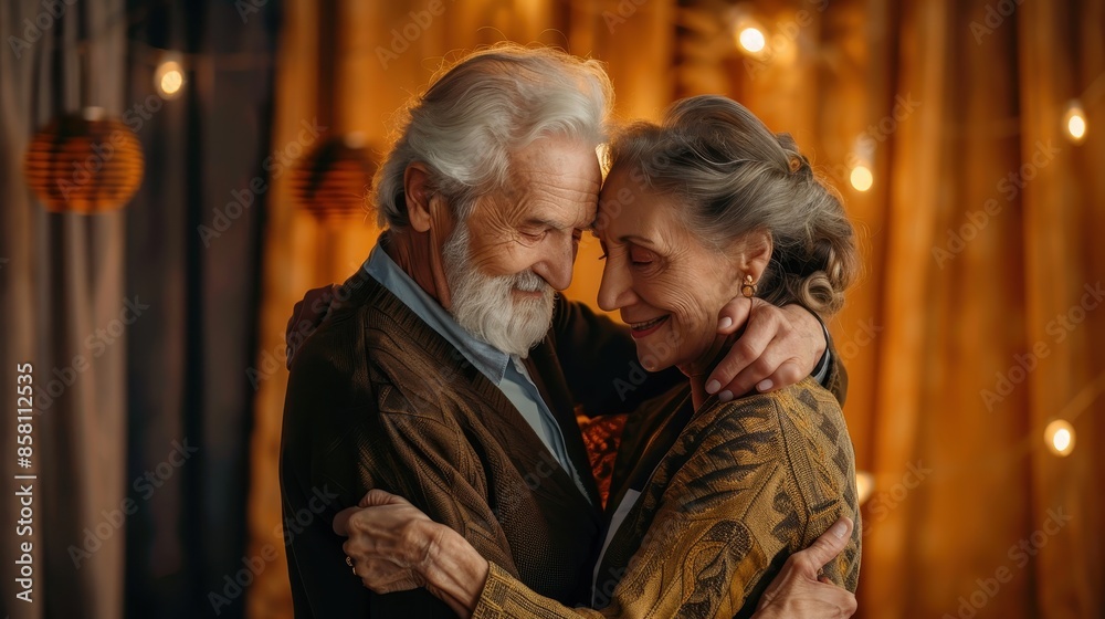 An elderly couple lovingly embraces, set against a warm, softly lit backdrop with string lights, evoking themes of love, companionship, and cherished memories. An elderly couple lovingly embraces, set against a warm, softly lit backdrop with string lights, evoking themes of love, companionship, and cherished memories.