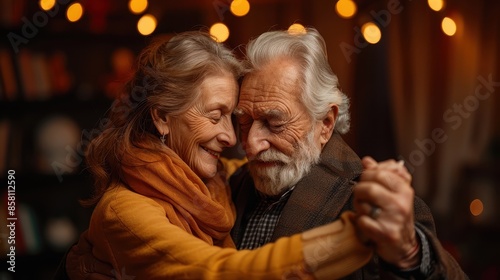 An elderly couple lovingly dancing together in a warm, cozy room with soft lighting and orange fairy lights, creating a serene and romantic atmosphere. © Lens Legacy