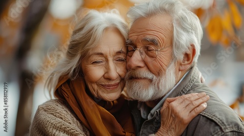 An elderly couple shares a tender embrace, their eyes closed in peaceful contentment, surrounded by the golden hues of autumn leaves, reflecting a deep, abiding love. photo