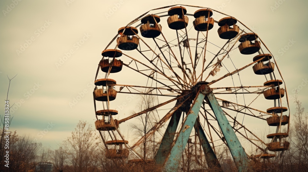Collapsing rusty Ferris wheel, echoes of amusement Collapsing rusty Ferris wheel, echoes of amusement