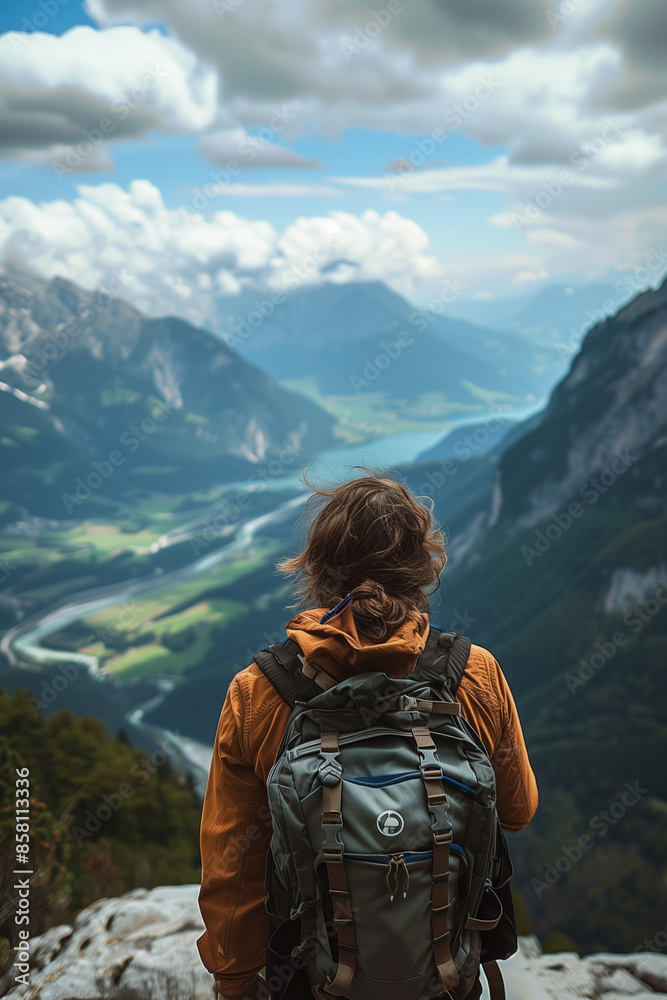 Naklejka premium Mountain travel man hike walk with backpack around the mountain