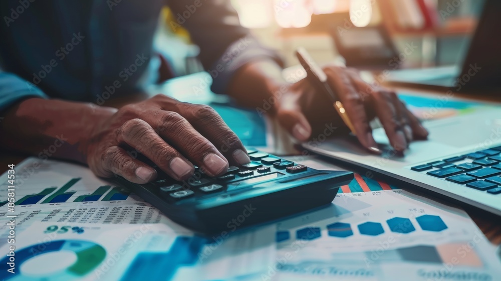 Photo of a close-up person working with a calculator for business and finance. Photo of a close-up person working with a calculator for business and finance.