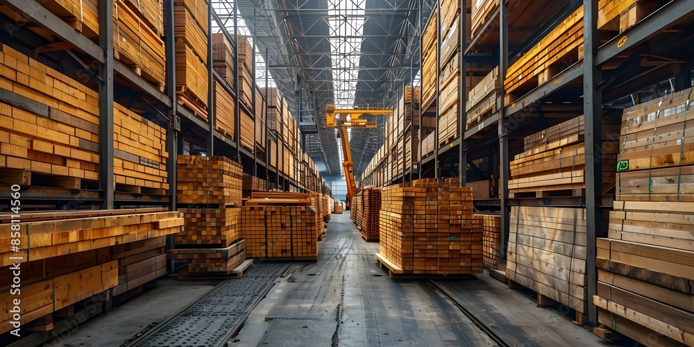 Stack Materials Stacked Lumber in Warehouse with Cantilever Gantry Crane in Background ...