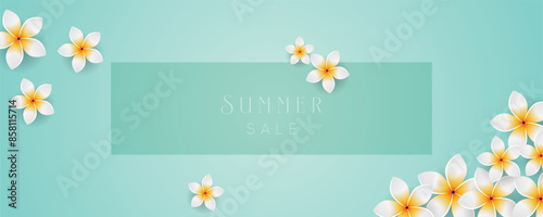 Summer Sale banner with realistic flower decoration on mint color background