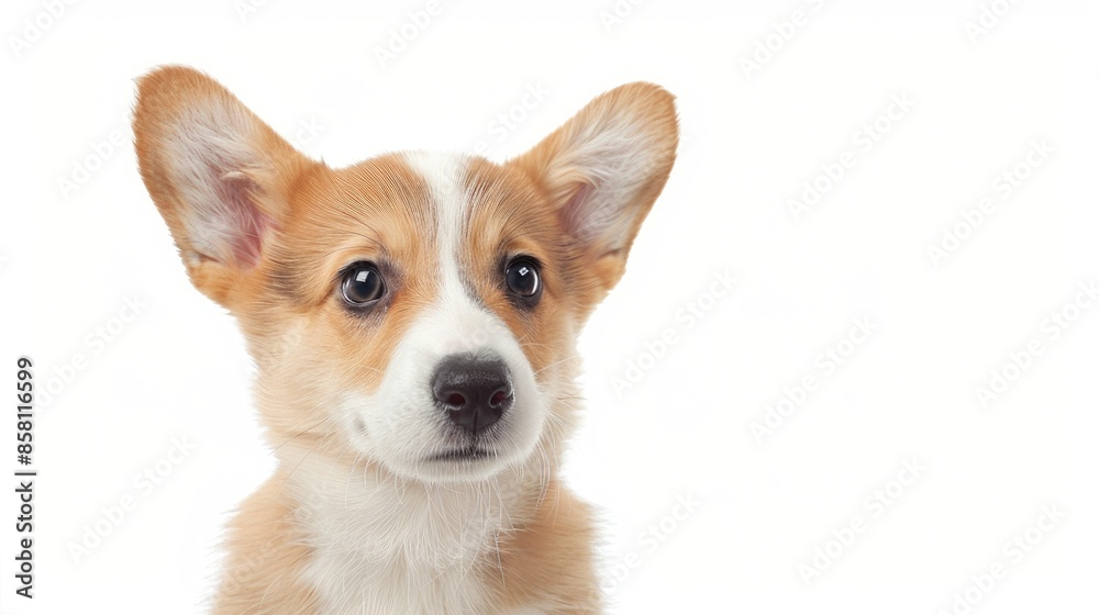 Energetic Corgi Puppy Portrait on White Background with Text Space Energetic Corgi Puppy Portrait on White Background with Text Space