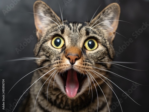 Tabby Cat's Expressive Face with Eyes Closed and Mouth Open