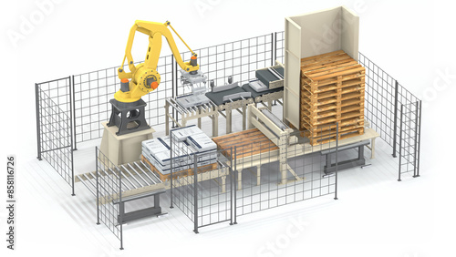 Fototapeta Naklejka Na Ścianę i Meble -  A palletizing robot moves bags of product from a conveyor to a pallet on a white background. 3d illustration