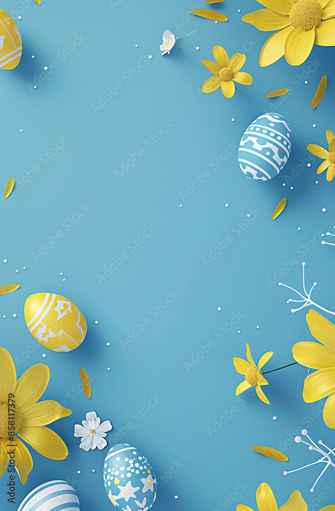 A blue background with yellow flowers and Easter eggs in a simple flat illustration style with minimalist elements and light indigo color scheme. A blue background with yellow flowers and Easter eggs in a simple flat illustration style with minimalist elements and light indigo color scheme.