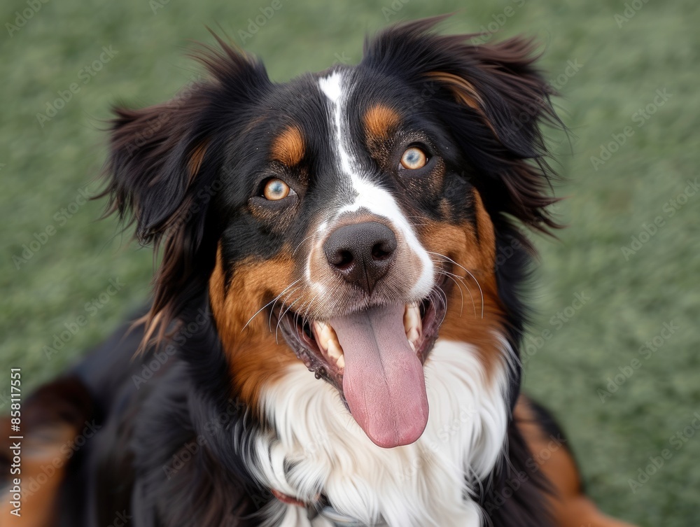 Playful Black and Brown Dog with White Markings Lying on Grass Playful Black and Brown Dog with White Markings Lying on Grass
