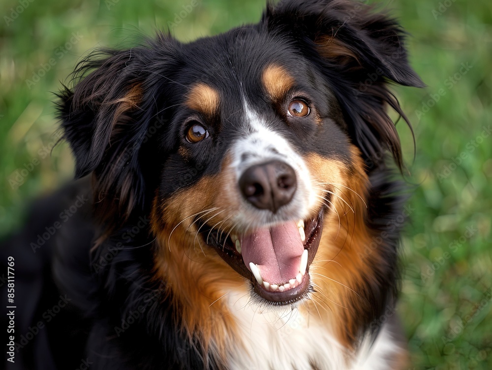 Black and Tan Dog with White Chest Portrait on Green Lawn Black and Tan Dog with White Chest Portrait on Green Lawn