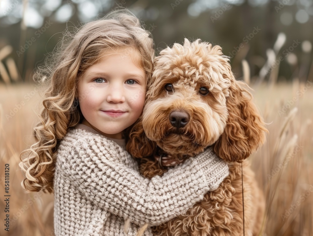 Heartwarming Moment Captured Between Young Girl and Her Brown, Curly-Haired Dog in a Field Heartwarming Moment Captured Between Young Girl and Her Brown, Curly-Haired Dog in a Field