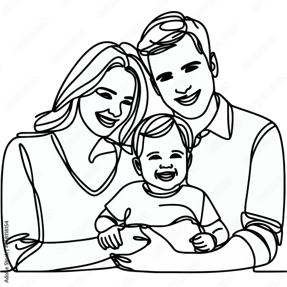 Line art of a happy family, continuous line drawing of a happy family Line art of a happy family, continuous line drawing of a happy family