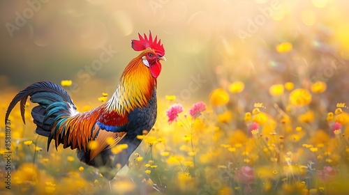 A rooster crows in the morning sun, surrounded by a field of flowers © มุกโกะ นะนะ Channel