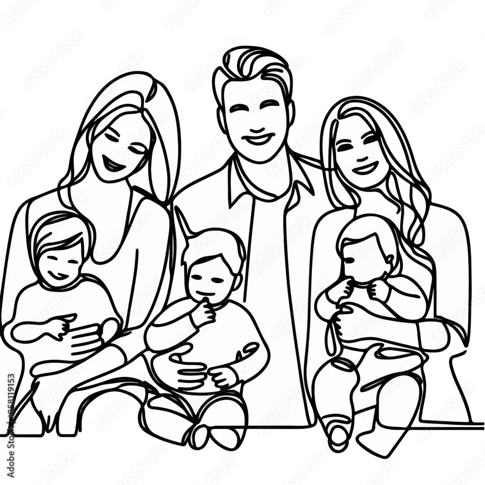 Line art of a happy family, continuous line drawing of a happy family Line art of a happy family, continuous line drawing of a happy family