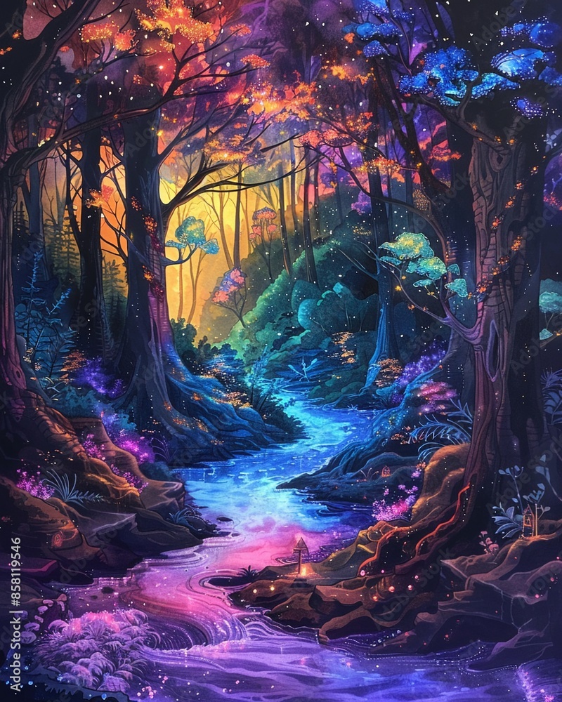 Fototapeta premium Fantasy world with luminous trees, glowing rivers, Bright Colors, Fluid Strokes, Magical details