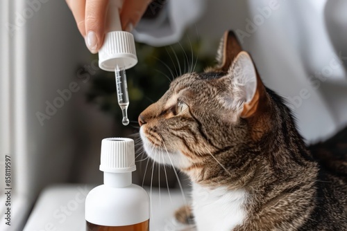A tabby cat is being given oral medication using a dropper by a person out of focus. The cat is looking up at the dropper, and the medication bottle is visible in the foreground