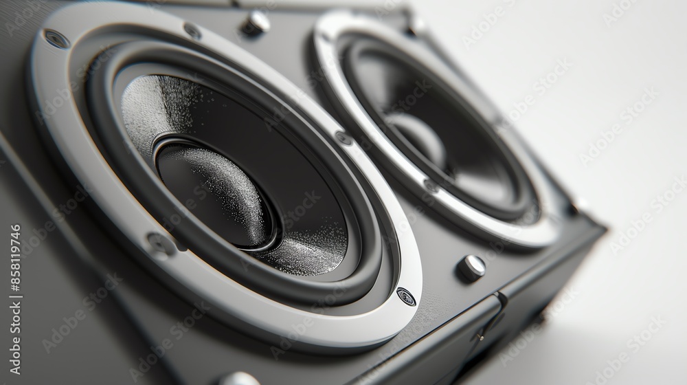 Create a detailed 3D rendering of a speaker. The speaker should be black and have two woofers and a tweeter. The image should be photorealistic and have a resolution of 1920x1080. Create a detailed 3D rendering of a speaker. The speaker should be black and have two woofers and a tweeter. The image should be photorealistic and have a resolution of 1920x1080.