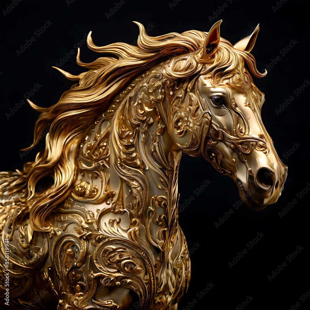 A wild golden horse on a black background. A wild golden horse on a black background.
