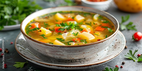 Bowl of Cabbage Soup with Potatoes and Vegetables on White Plate. Concept Healthy Recipes, Vegetarian Dishes, Nutritious Soups, Culinary Creations, Fresh Produce photo