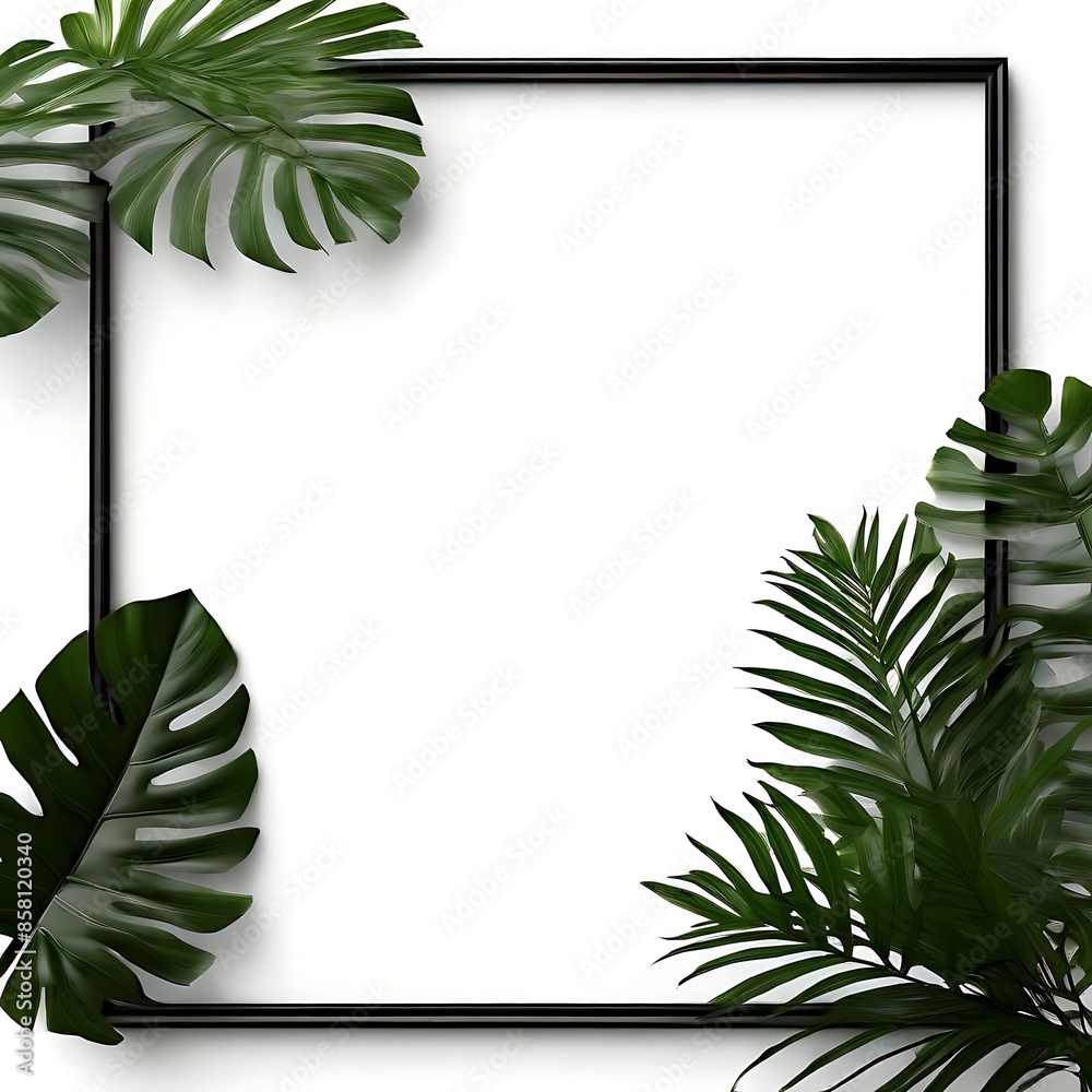 Fototapeta premium Tropical leaves background with black border.