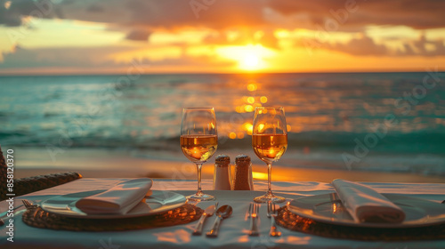 oceanfront dinner, an intimate dinner setting with ocean view, ideal for a romantic beach date, complete with elegant tableware for two