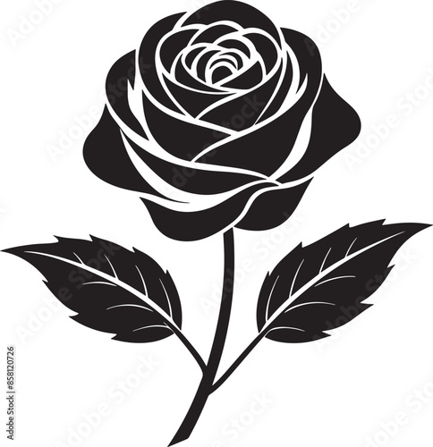 black rose vector icon with black leaf ,Rose black vector icon on white background