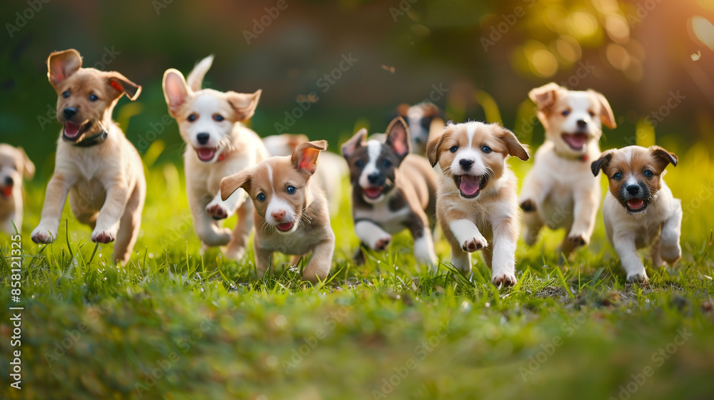 Running Puppies in a Lush Green Field Running Puppies in a Lush Green Field