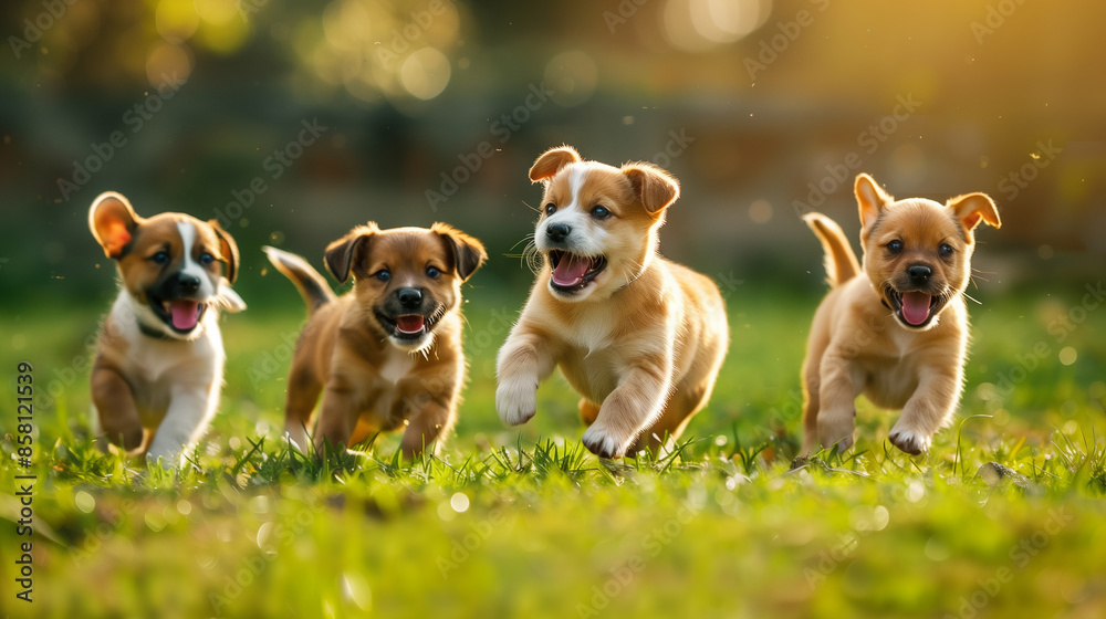 Running Puppies in a Lush Green Field Running Puppies in a Lush Green Field