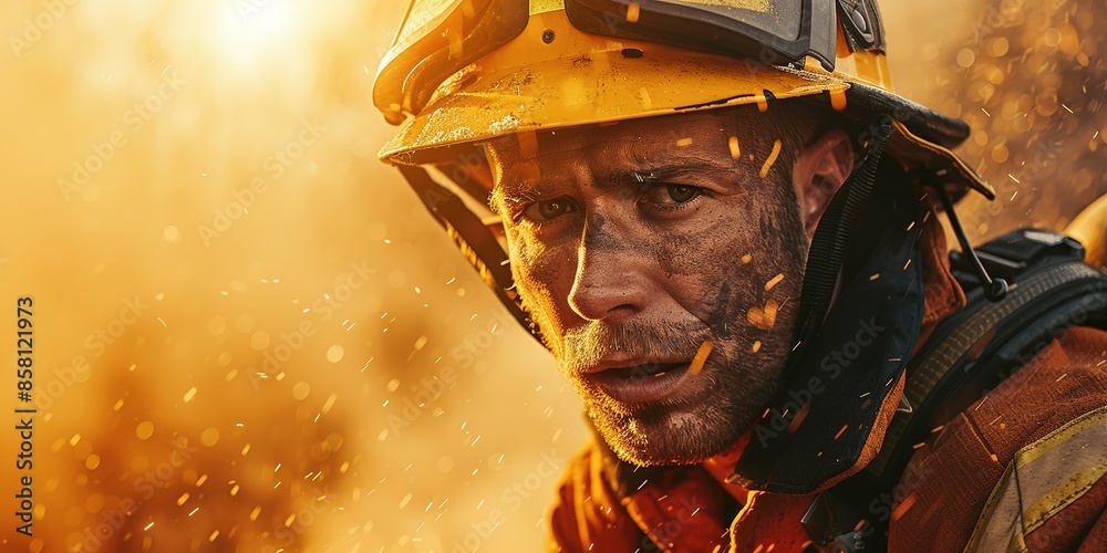 Close-up of determined firefighter amid raging flames Close-up of determined firefighter amid raging flames