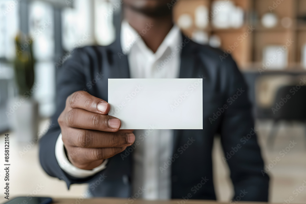 A detailed mockup of a business card held by a person, with a blank front and back, in a professional office setting, ideal for corporate identity showcases A detailed mockup of a business card held by a person, with a blank front and back, in a professional office setting, ideal for corporate identity showcases