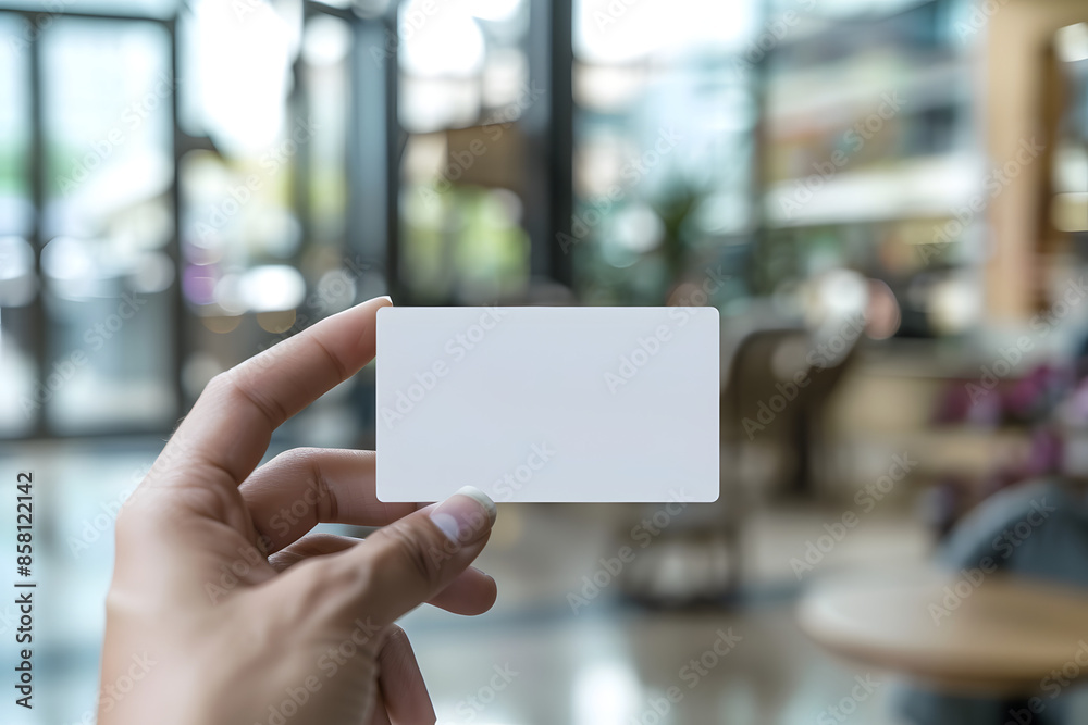 A detailed mockup of a business card held by a person, with a blank front and back, in a professional office setting, ideal for corporate identity showcases A detailed mockup of a business card held by a person, with a blank front and back, in a professional office setting, ideal for corporate identity showcases