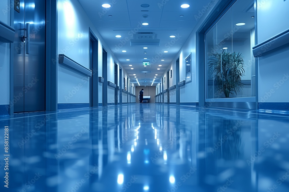 Empty Hospital Corridor With Bright Lights and Shiny Floor Empty Hospital Corridor With Bright Lights and Shiny Floor
