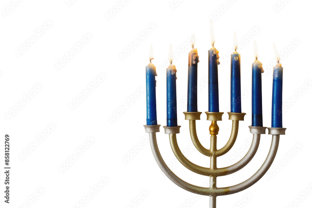 Elegant menorah with blue candles lit for Hanukkah celebration, black background, symbolizing Jewish tradition and spiritual light. Elegant menorah with blue candles lit for Hanukkah celebration, black background, symbolizing Jewish tradition and spiritual light.