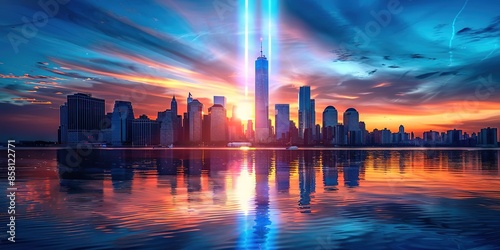 NYC skyline with twin beams of light, sunset hues, reflective wa photo