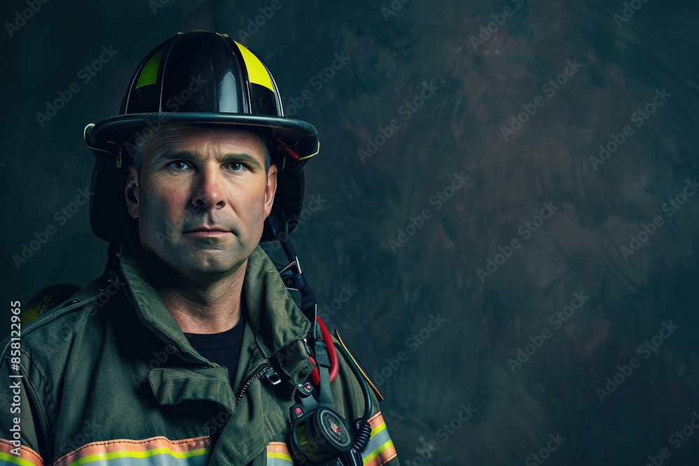 Serious firefighter in uniform against dark background Serious firefighter in uniform against dark background