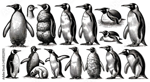 ビンテージスタイルのペンギンのイラストセット／白黒の手書きスケッチ