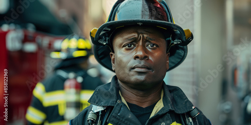 Serious black firefighter with helmet and firetruck