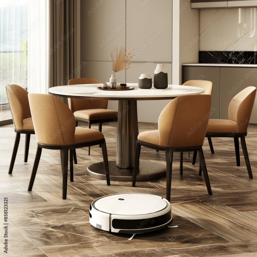 Smart Robot Vacuum Cleaning Around Dining Table with Chairs in Modern Home. Smart Robot Vacuum Cleaning Around Dining Table with Chairs in Modern Home.